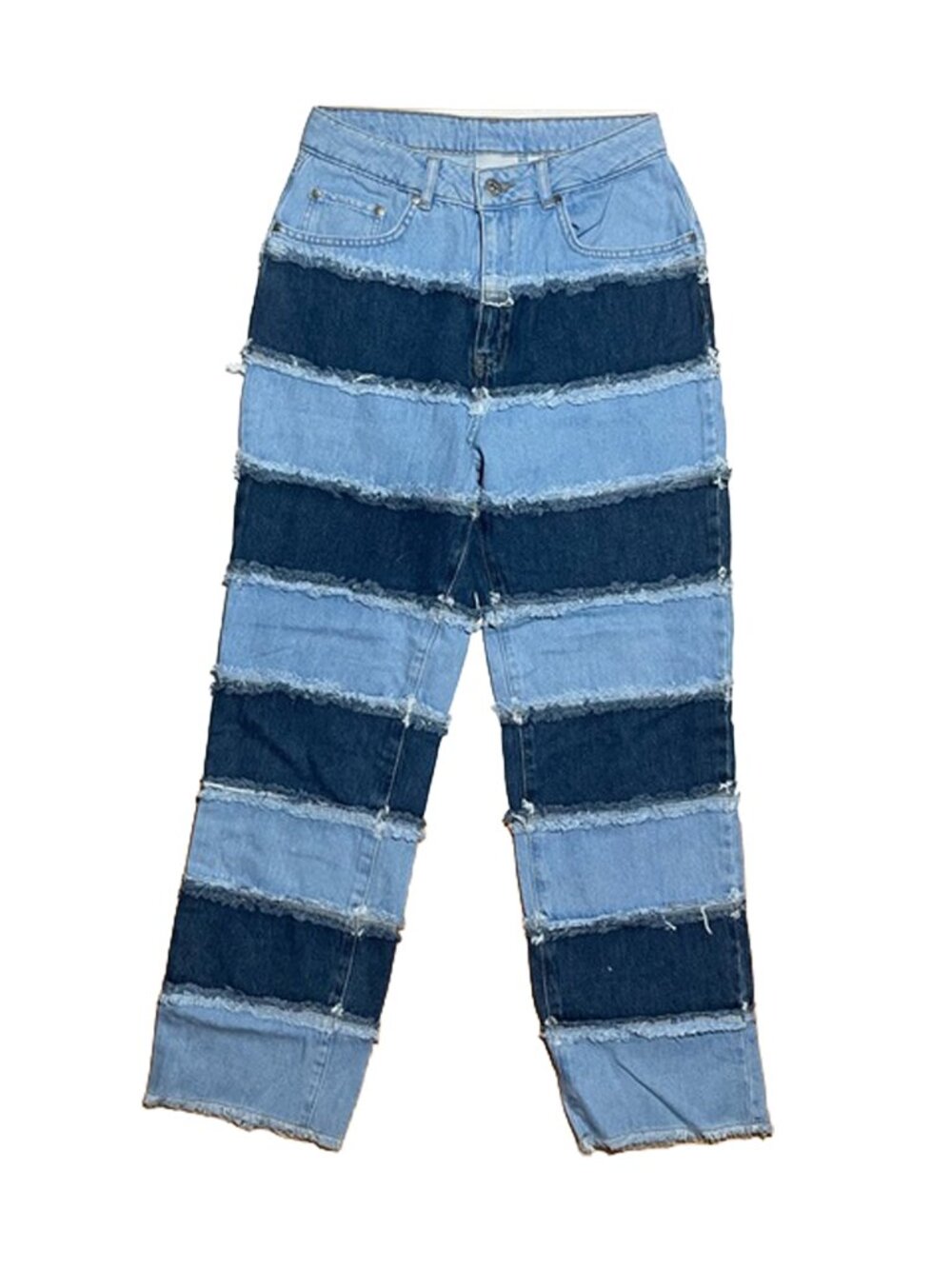 Patchwork Striped Jeans Raw Hem Frayed Contrast Denim